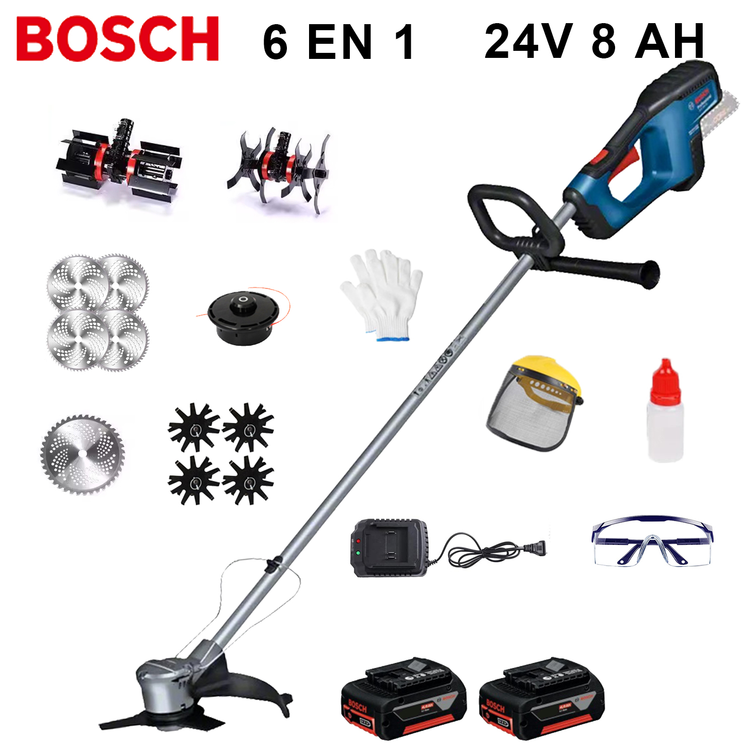 [Cultivador 6 em 1 de 6000 W] 2 baterias de 24 V, 2 peças, cabeça de serra elétrica, escarificador, valetadeira, lâmina de 80 dentes, cabeça de aparador, 10 cordas de corte, roda de suporte, cabeça de capina, nivelador, conjunto completo de acessórios + carregamento rápido + conjunto completo de acessórios que podem ser utilizados durante 6 horas