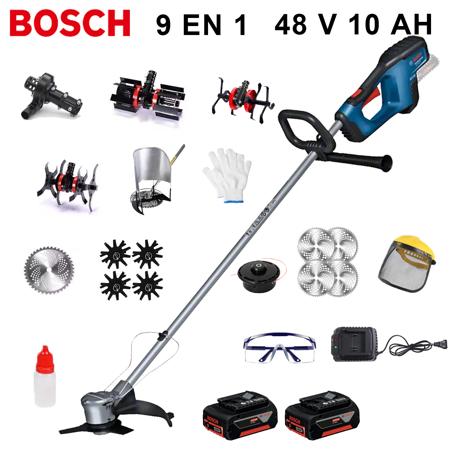 [Cultivador 9 em 1 de 9000 W] Bateria de 48 V 2, cabeça de serra elétrica, escarificador de solo, valetadeira, bomba de água, lâmina de 80 dentes, cabeça de aparador, corda de aparador de 10 dentes, roda de suporte, estrutura de suporte de relva, estrutura de palha, cabeça de capina, cabeça de seis garras, nivelador, conjunto completo de acessórios + carregamento rápido + conjunto completo de acessórios pode ser utilizado por 10 horas