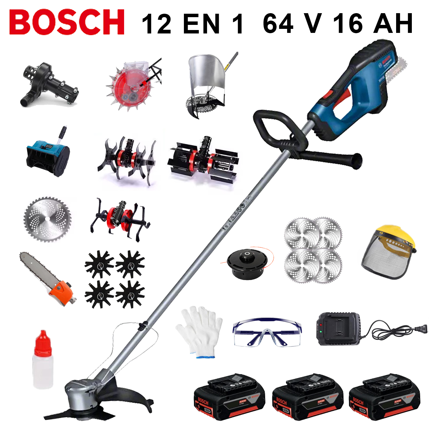 [Cultivador 12 em 1 de 12000 W] 3 baterias de 64 V, cabeça de serra elétrica, escarificador de solo, valetadeira, bomba de água, lâmina de 80 dentes, cabeça de aparador, 10 cordas de corte, lâmina reta, roda de suporte, estrutura de suporte de relva, estrutura de palha, cabeça de capina, cabeça de seis garras, nivelador, soprador de neve, semeadora, conjunto completo de acessórios + carregamento rápido + conjunto completo de acessórios pode ser utilizado durante 15 horas